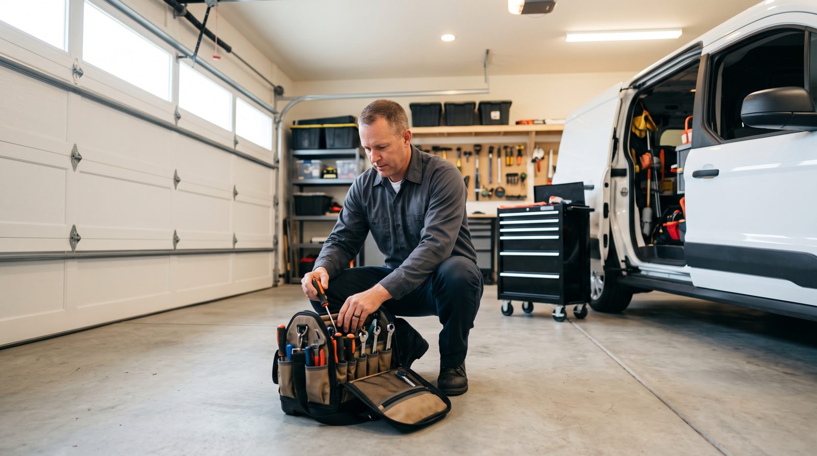 garage door technician preparing tools