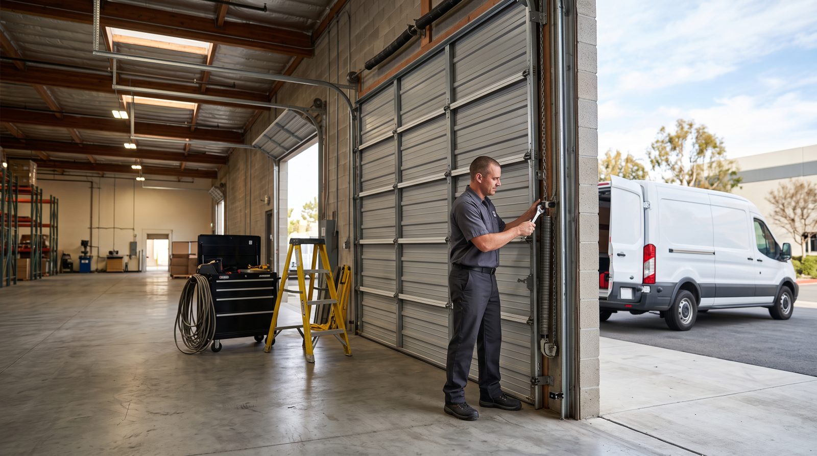 commercial overhead door service in warehouse bay