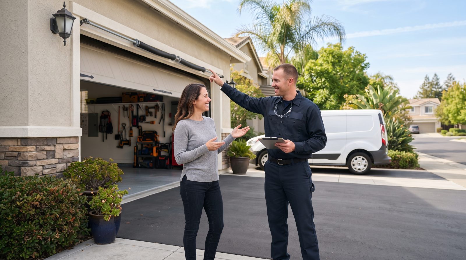 homeowner speaking with garage door technician