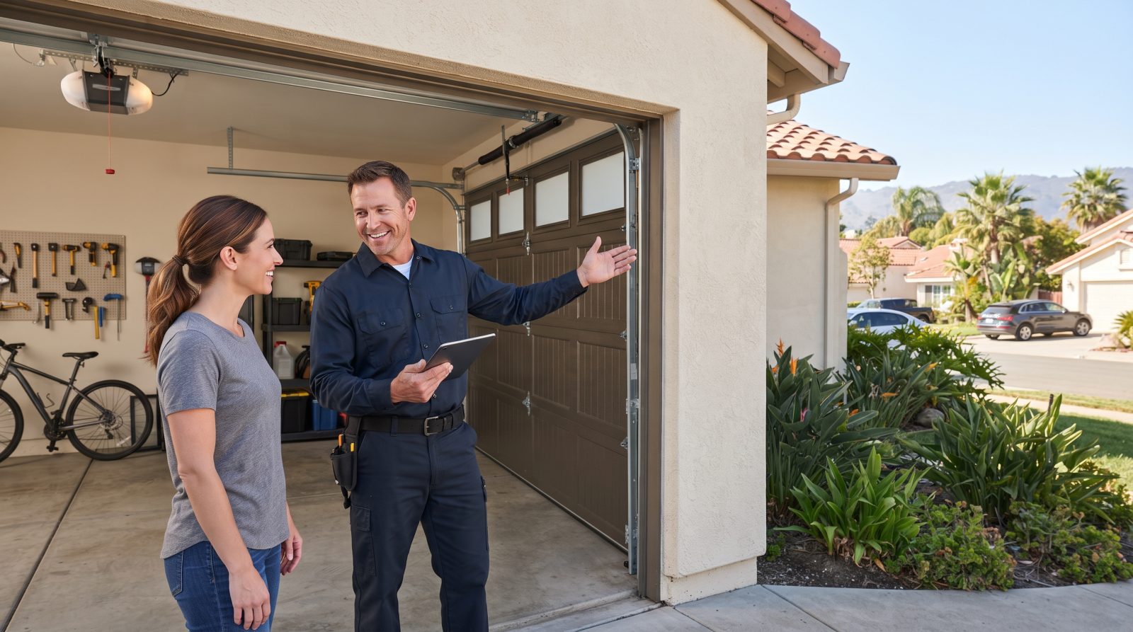 friendly garage door technician answering questions