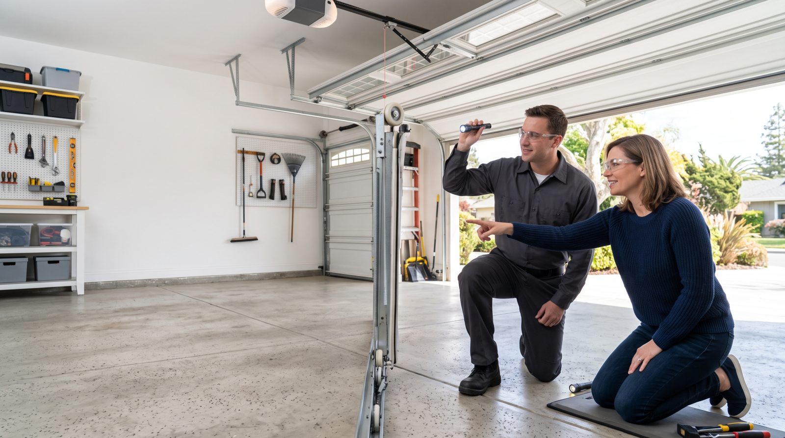 homeowner checking garage door rollers safely