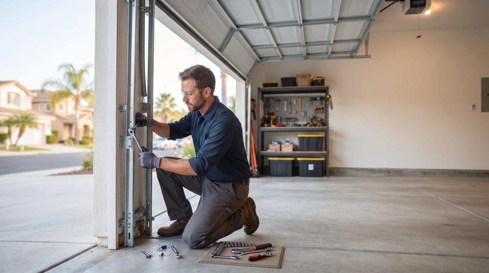 technician adjusting garage door track and rollers