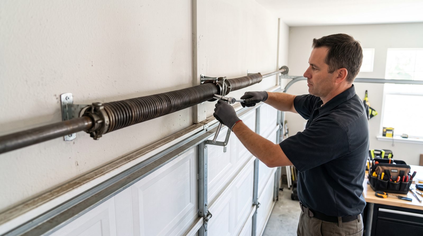 close-up torsion spring repair on residential garage door