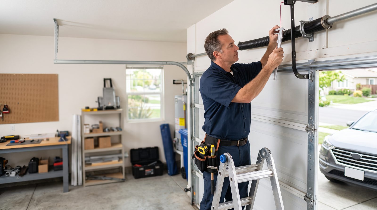 technician measuring torsion spring on residential garage door