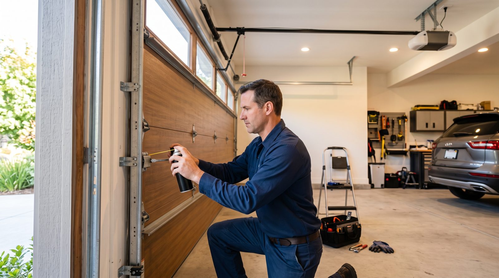 technician lubricating rollers and hinges
