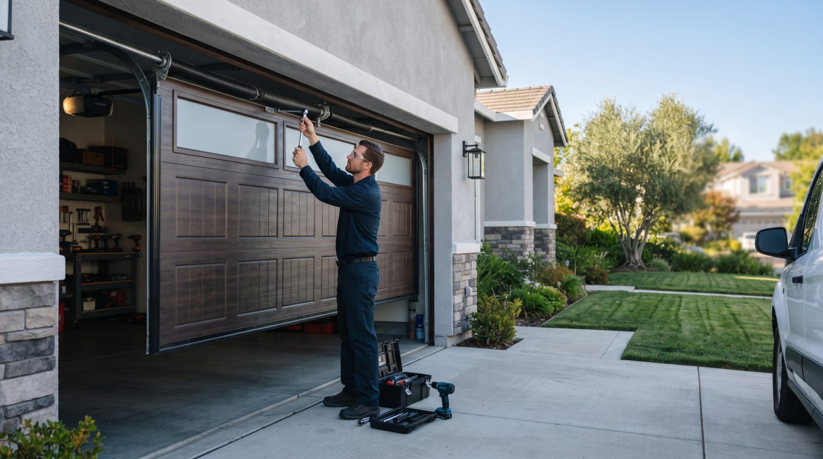technician servicing modern residential garage door in Milpitas