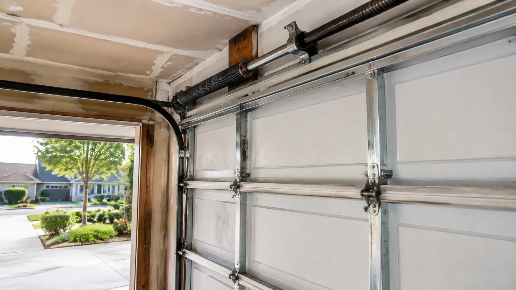 Milpitas residential sectional garage door hardware with tracks, rollers, spring bar, and panel alignment.
